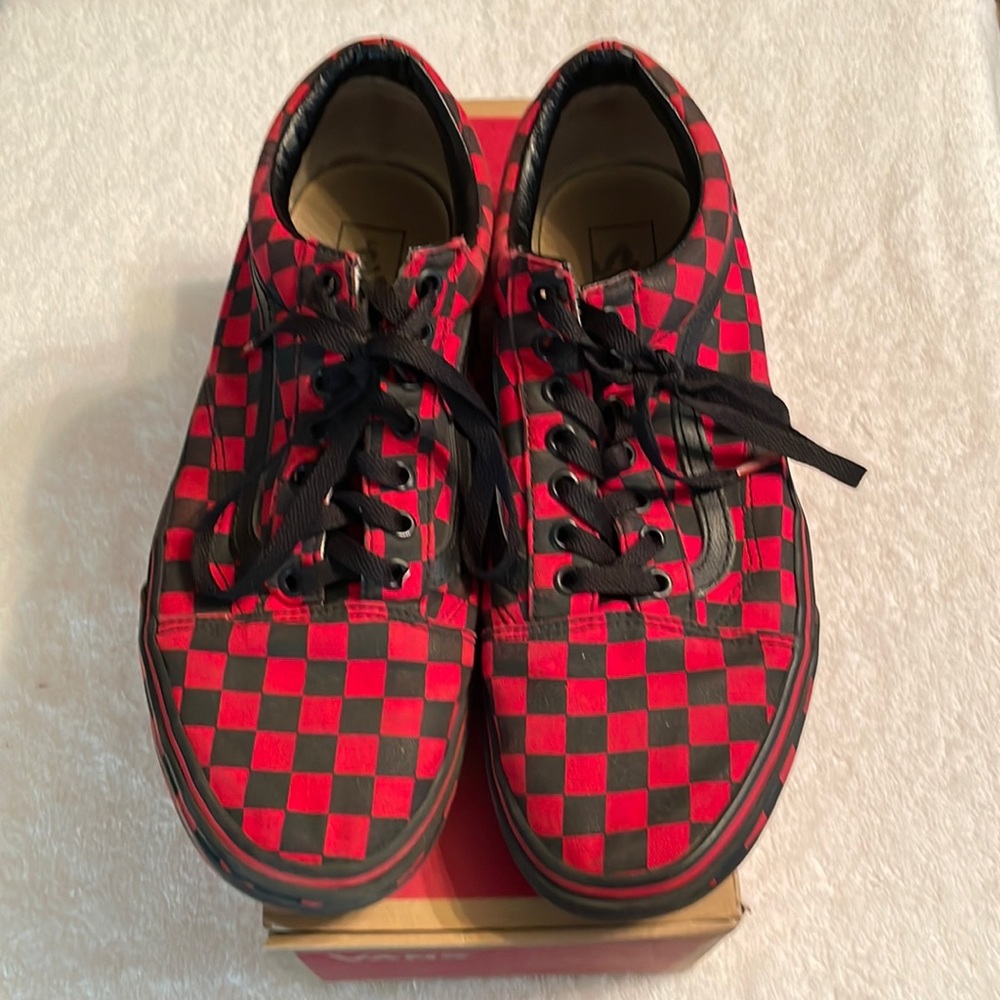 Black/Red checkered Vans